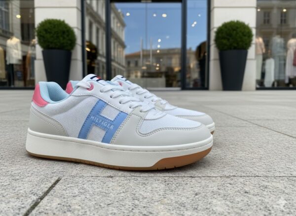 White Sneakers with Pastel Blue & Pink Details