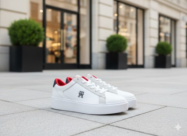 White Platform Sneakers with Red Accents